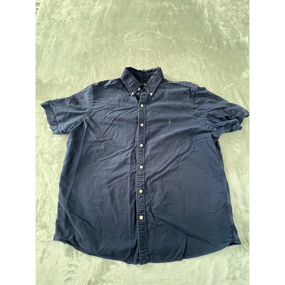 Ralph Lauren Button Down Shirt Mens XL Navy Blue Short Sleeve Untucked Fit